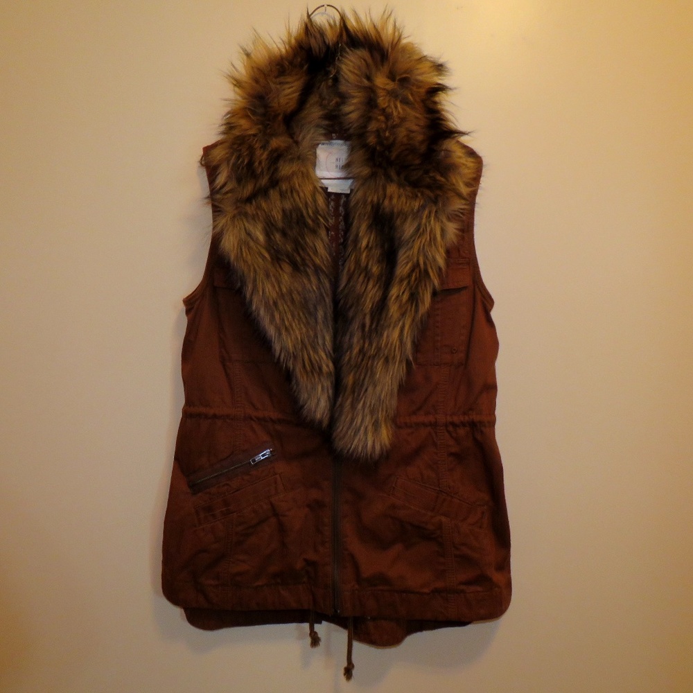 Anthropologie Hei Hei Brown Vest Detachable Faux Fur Collar M